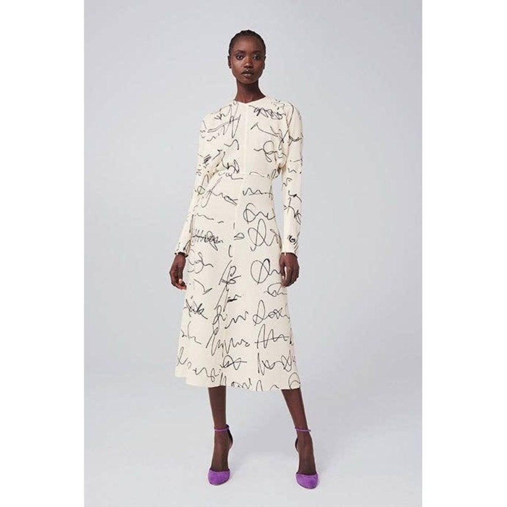 Victoria Beckham Scribble Print Long Sleeve Midi Dress Size 2